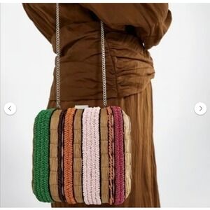 Zara Beaded Box Clutch Bag Multi Color Striped Evening Shoulder Bag Silver Chain